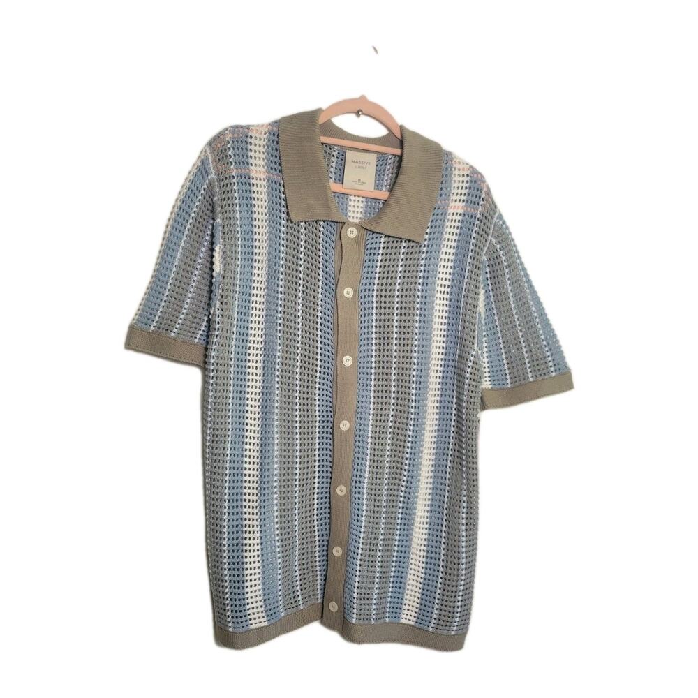 Massive Luxury Crochet Knit Polo Shirt Blue Striped Button Up Closure M Cotton
